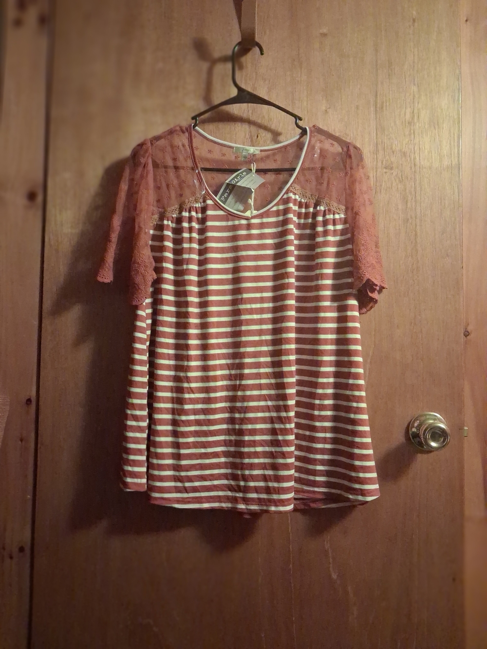 JODIFL  For Farm Girls Red & White Striped Lace Yoke Short Sleeve Top